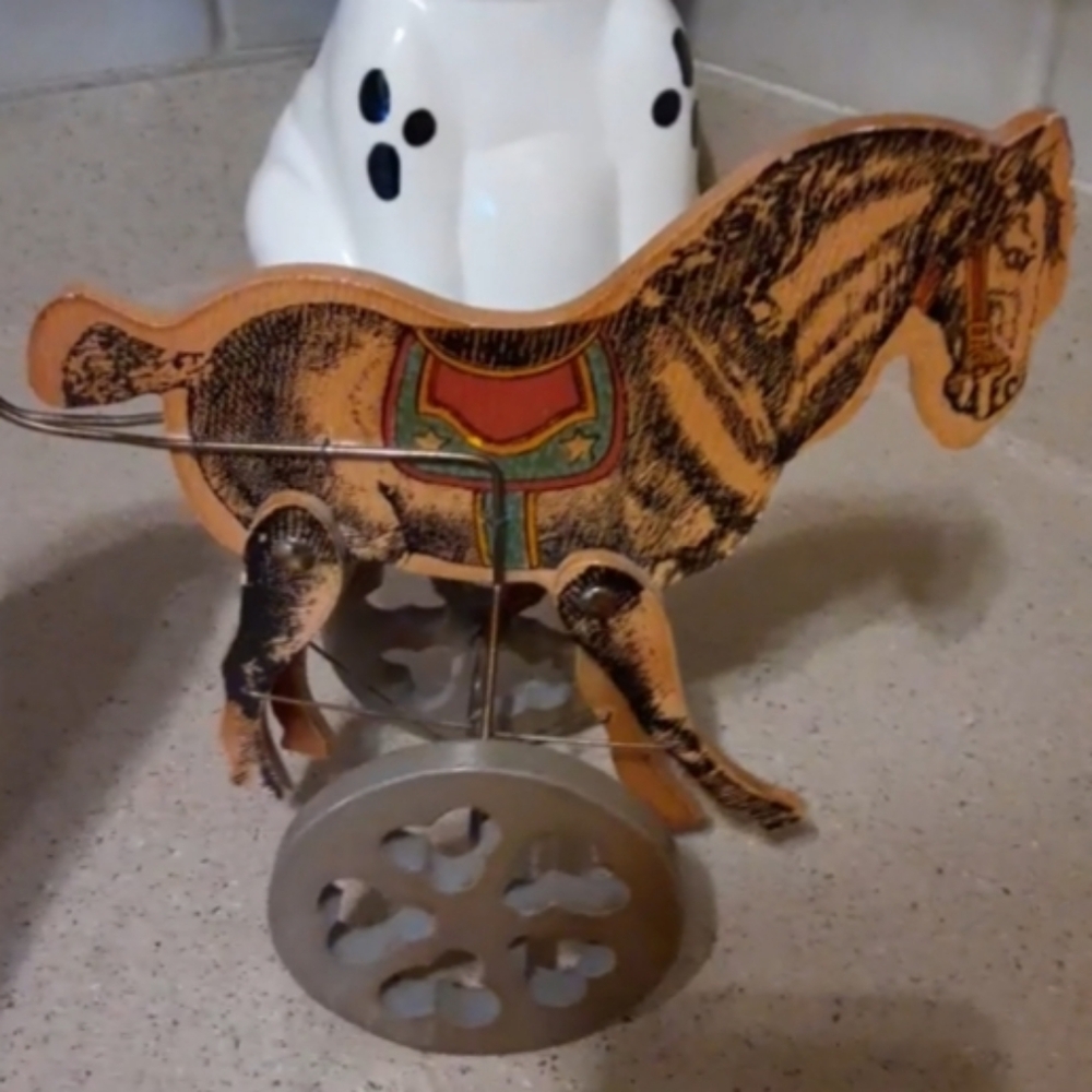 Louis Nichole Vintage Litho Wooden Walking Horse Figurine Push Toy Listing - Picture 6 of 8